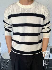 Manfinity CasualKnits Men's Striped Crew Neck Long Sleeve Loose Casual Sweater, Autumn/Winter - White - View 3