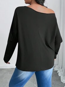 SHEIN EZwear Plus Size Slouchy Asymmetric Neck Ruched Loose T-Shirt - Black - View 2