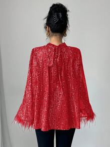 Elenzga 女式长袖闪亮立领系带羽毛拼布撞色亮片衬衫 - 紅色 - 查看 2