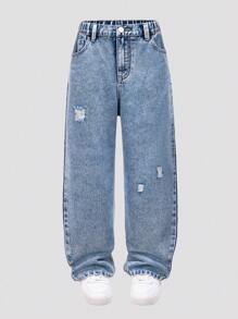 SHEIN 青少年男孩破洞个性简约百搭全长趣味风舒适直筒牛仔裤