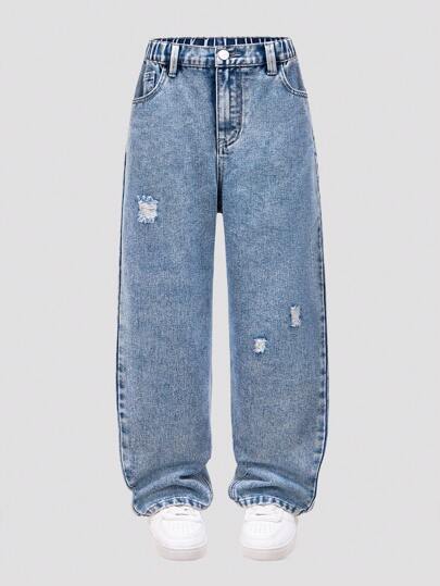 SHEIN Mirajuku Tween Boy Ripped Individualistic Simple All-Match Versatile Full Length Funny Wind Comfortable Straight Leg Jeans Chic For Autumn/Winter