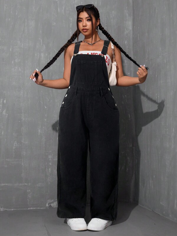 SHEIN ICON Combinaison en jean simple et décontractée avec poches et larges bretelles, tailles plus grandes