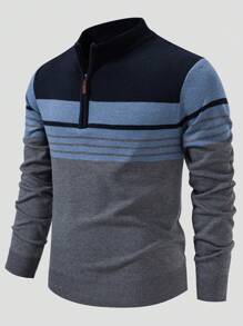 Manfinity Mode Men's Striped Long Sleeve Zipper Half Placket Casual Knitted Sweater, Autumn/Winter