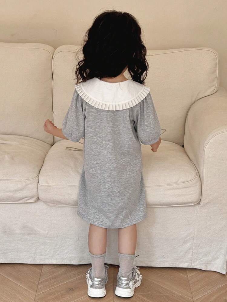 Young Girl Solid Color Patchwork Button Front Short Sleeve Simple Casual Dress