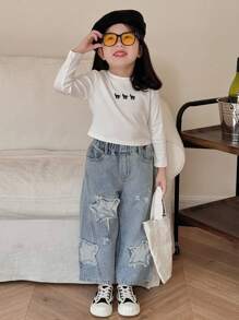 DAZY Young Girls Elastic Waist Pocket Five-Pointed Star Frayed Hem Casual Jeans - Light Wash - View 2