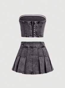 SHEIN Girlism Tween Girls' Y2K Fashion Stonewashed Strapless Pressed Pleat Denim Skirt Set, Girls Back To School Streetwear Two Pieces Outfits - Black - View 2