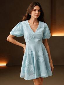 Anewsta Elegant Floral Lace Ruched Waist A-Line Mini Dress, Boho Spring/Summer Outfits - Blue - View 6