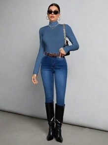 SHEIN Tall 简约纯色修身高领白色上衣适合秋冬季 - 水鴨藍 - 查看 4