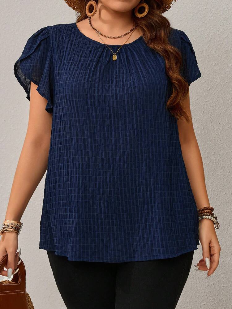 Plus Size Women's Navy Blue Petal Sleeve Blouse, Early Spring And Summer For Women, Vacation