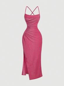 SHEIN MOD Elegant Glitter Ruched Hem Slit Bodycon Dress