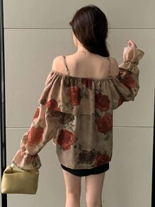 DAZY Rose Floral Print Off Shoulder Long Sleeve Ruffle Hem Women Blouse/Shirt For Spring & Summer,Fall Clothes Graphic Tee Vacation Outfits Women - Brown - View 2