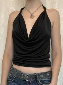 INAWLY Women's Black Deep Draped Neck Halter Backless Sexy Cami Top - Black - View 4