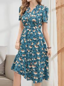 EMERY ROSE Women Elegant V-Neck Tie Up Short Sleeve Mid-Length Casual Dress
