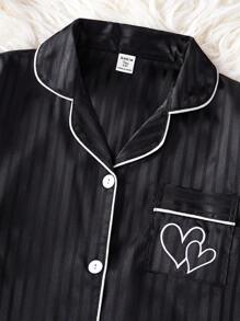 Teen Girls Pajama Set, Pink Striped Fabric Heart Print Long Sleeve Shirt & Pants 2 Pieces Loungewear - Black - View 5