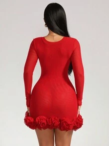 Zolique 女士纯色圆领修身立体花朵透明长袖连衣裙