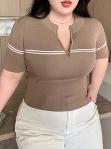 Dazy Plus Áo dệt kim cổ bẻ nửa khóa kéo dáng rộng, cỡ lớn, thích hợp cho mùa xuân, mùa hè, dành cho giáo viên. - Màu Khaki - Xem 9