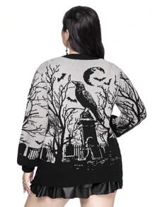 ROMWE Goth 哥特式恐怖乌鸦、蝙蝠、月亮、墓碑和树枝印花宽松拼色开衫，加大码，适合冬季 - 黑色 - 查看 2