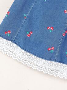 SHEIN 新款泡泡袖刺绣水洗蓝牛仔连衣裙，适合小女孩，韩版风格