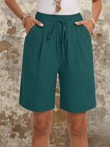EMERY ROSE Quần short nữ mùa hè co giãn màu trơn có túi chéo, quần short cotton thoải mái - Màu xanh Cadet - Xem 4