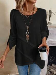 EMERY ROSE Women Asymmetrical Hem Round Neck White Shirt - Black - View 4