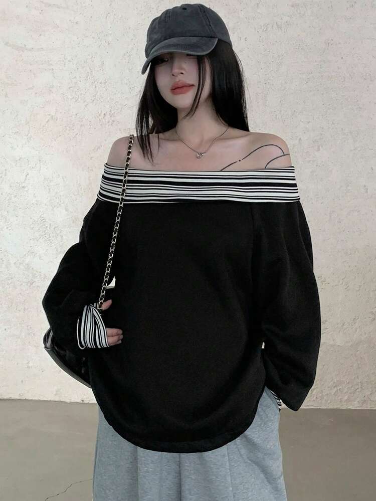 Women's Off-Shoulder Striped Splicing Minimalist Long Sleeve Sweatshirt, Casual For Daily Wear,Fall Women Clothes