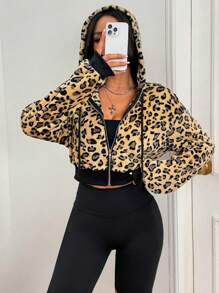 SHEIN EZwear Autumn/Winter Thermal Lined Drawstring Hoodie, Zip-Up Leopard Patchwork Cropped Casual Sweatshirt For Women