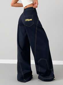 Coolane 女士日常穿着嘻哈复古休闲宽松图案裤 - 藏蓝色 - 查看 1