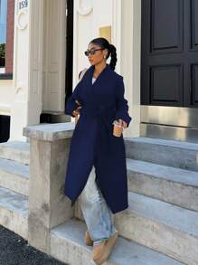 SHEIN Unity 女款大翻领浅灰色腰带长款毛呢大衣