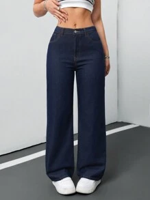 SHEIN Tall CURVE 女士加大码深蓝色宽松牛仔阔腿裤夏季 7 月 4 日女士 7 月 4 日工作机场度假俱乐部高腰牛仔裤复古