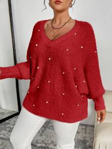 Celure Plus Size Women Loose Batwing Sleeve Beaded Knitted Sweater, Casual Pullover For Autumn & Winter