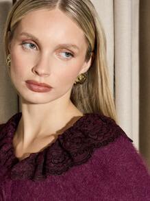 AiiRZ Fluffy Knit Button Front Cardigan With Elegant Lace Collar Balloon Sleeve Cozy Fall Winter Sweater Jumper Holiday Party - Red - View 3