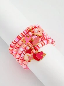 ROMWE Kawaii 5 件/套可爱粉色软粘土情人节手链，手工制作的弹性手链，配有 Y2K 风格天使心形吊坠，可作为朋友和节日的礼物 - 彩色 - 查看 5