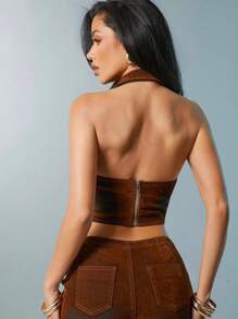 Denimoi Sexy Velvet Denim Effect Front Tie-Up Vest - Brown - View 5