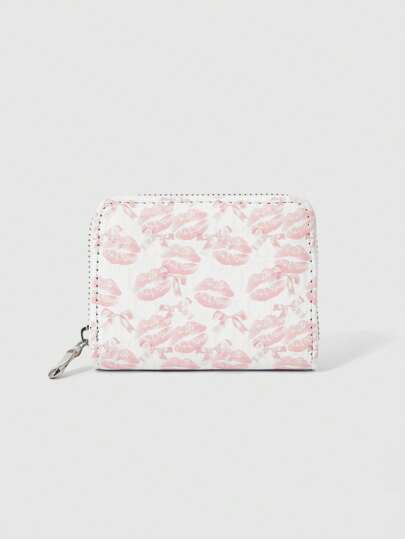 Fairycore 1pc Cute Lip Print "LOVE" Bow Decorated Compact Wallet, Zipper Coin Purse, Minimalist Butterfly Pendant, Suitable For Valentine's Day