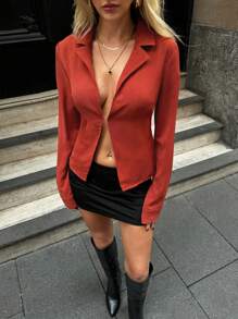 Forever 21 Spring New Collared Waist Fitted Women Long Sleeve Blouse, Office Wear - Orange - View 4