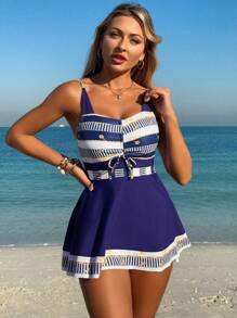 Swim Lushoire 2 Pieces Fashionable Drawstring Tie Contrast Splicing Women's Summer Tankini Bikini Set (Purchased Copyright) - Multicolor - View 3