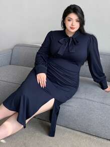 Dazy Plus Vestido elegante de talla grande, suelto, con cuello de corbata, de ajuste ceñido, con abertura lateral hasta la pantorrilla, vestido largo de manga larga para primavera/verano/otoño - Azul Marino - Ver 6