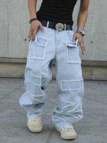 Manfinity EMRG Men's Casual Washed Frayed Loose Denim Jeans - Light Wash - View 8