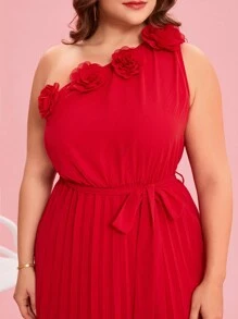 SHEIN Clasi Plus Size Elegant Solid Color One Shoulder Floral Decor Pleated Hem Dress, Suitable For Valentine's Day