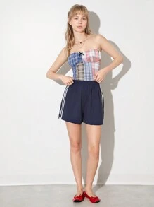 Easelle Women's Plaid Lace Patchwork Bustier Crop Top, Fitted - Multicolor - View 6