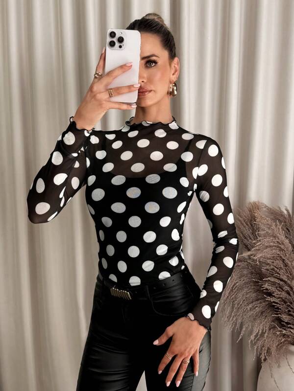 Lavishia Top de damă, elegant, retro, alb-negru, cu buline, plasă transparentă, cu guler în picioare