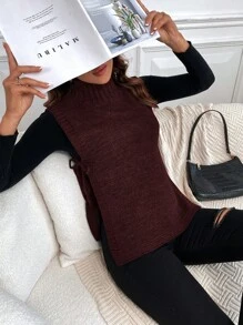 SHEIN LUNE Casual Solid Color Stand Collar Side Split Long Cardigan Vest, Autumn/Winter - Burgundy - View 6