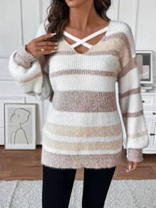 EMERY ROSE Valentine's Day  Women's Hollow Out Long Sleeve Striped Minimalist Sweater, Casual Daily Wear