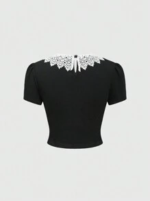 ROMWE Goth Gothic Dark Mystery Cat Embroidery Splice Lace Collar Bodycon T-Shirt