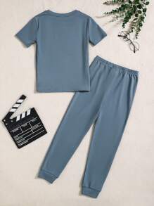 SHEIN Tween-Jungen 2-teiliges schlichtes, lässiges Pyjama-Set mit kurzärmligem Oberteil und Leggings mit Buchstabenmuster