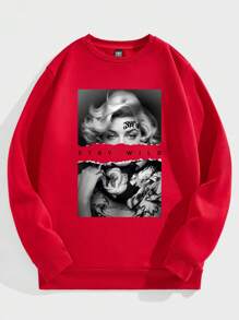 Manfinity EMRG Sudadera holgada de cuello redondo con estampado de cartel retro europeo y americano en estilo callejero vintage, color rojo - Rojo - Ver 1