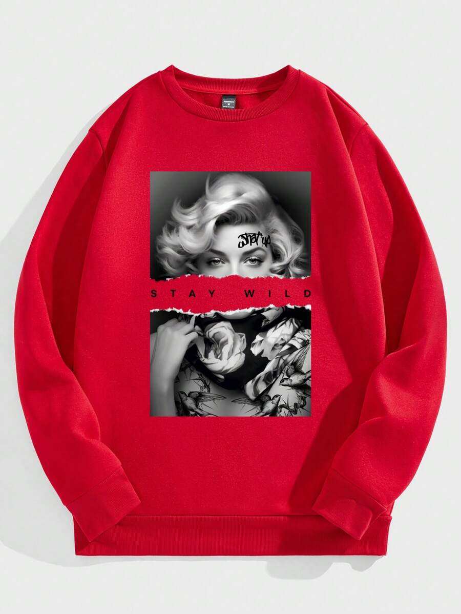 Manfinity EMRG Sudadera holgada de cuello redondo con estampado de cartel retro europeo y americano en estilo callejero vintage, color rojo - Rojo - Ver 1