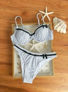 SHEIN Swim Women's Summer Polka Dot Print Underwire Butterfly Accent Spaghetti Strap Bikini Swimwear, Bathing Suit - Black and White - View 1