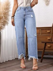 EMERY ROSE Jeans de mezclilla casual de mujer con dobladillo desgastado y lavado - Lavado ligero - Ver 3