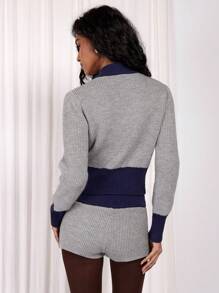 COSMINA 女士 2 件灰色和海军蓝撞色拉链开衫和短裤毛衣套装，秋冬季 - 灰色 - 查看 2
